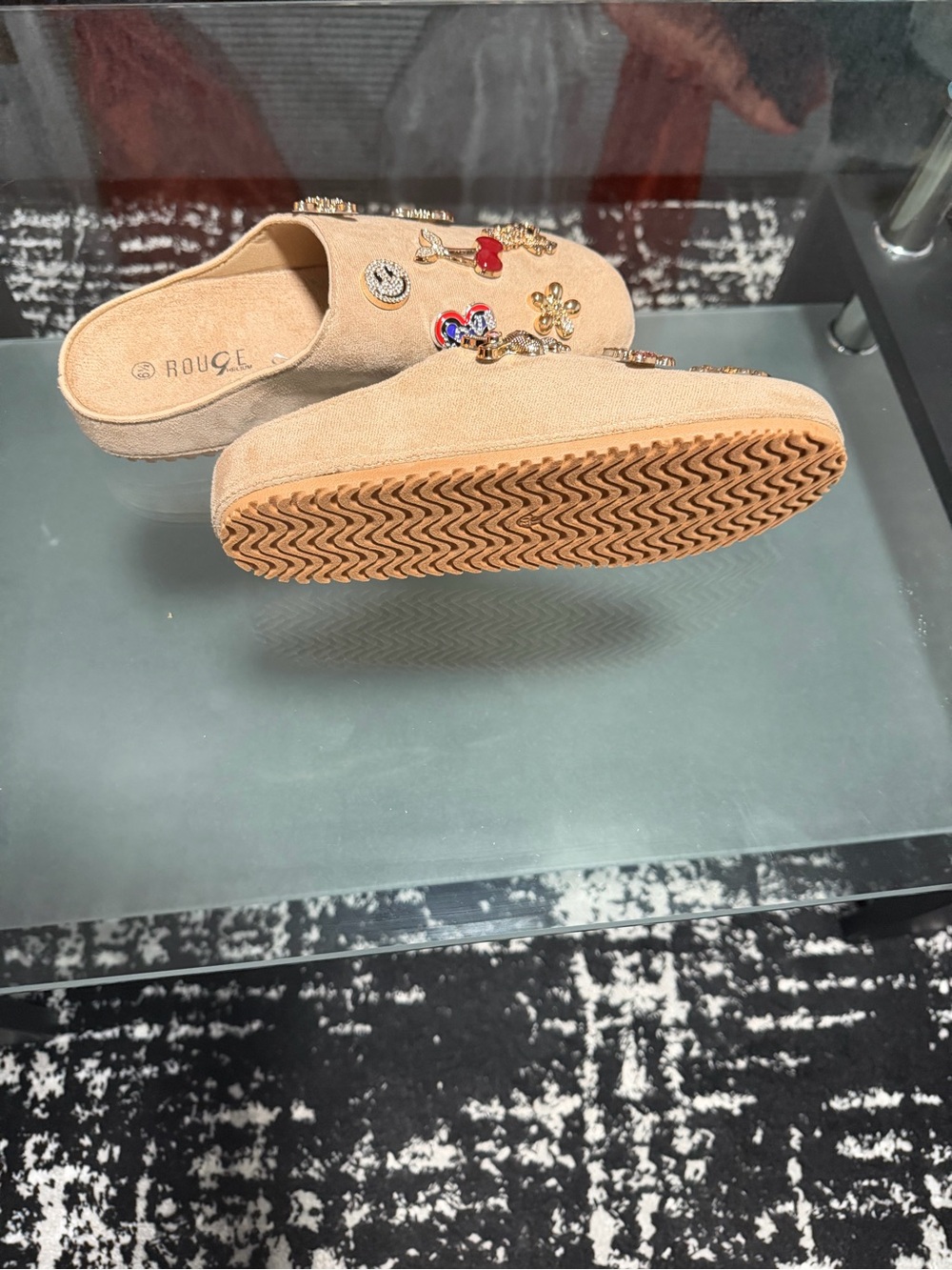 Rouge Helium Tan Suede Jeweled Slip-On Mules